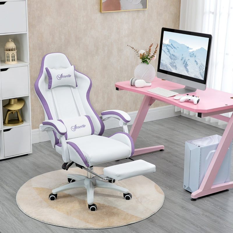 White & Purple Racing Gaming Chair with Footrest & Swivel Seat