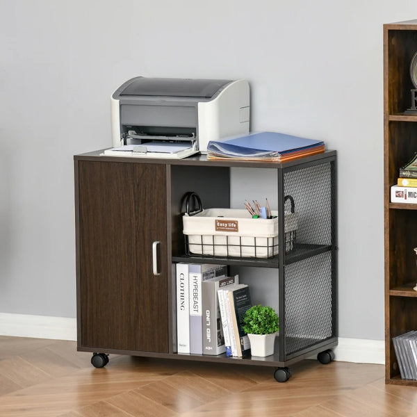 Brown Mobile Printer Stand with Storage Cabinet and Castors