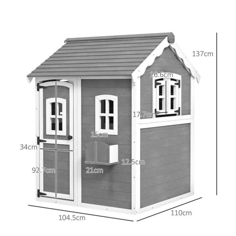 Grey Kids Wooden Playhouse with Doors, Windows, Plant Box - Ages 3-8