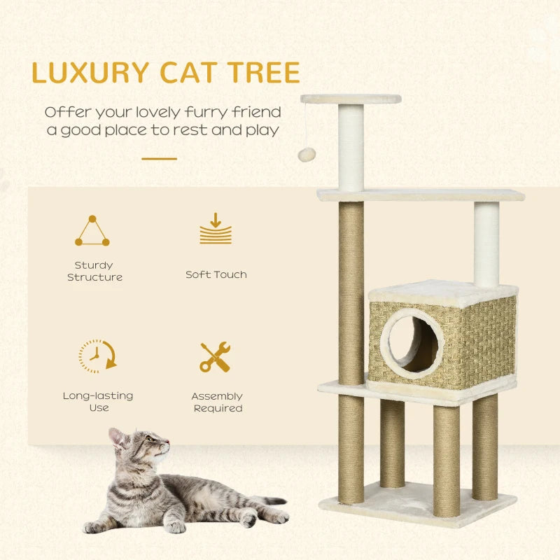 Beige Cat Tree with Scratching Post, House & Toy Ball