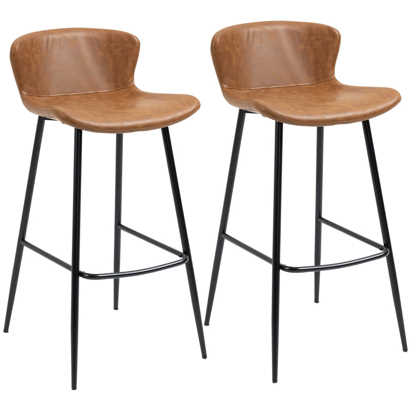 Brown PU Leather Bar Stools Set of 2 with Backs and Steel Legs