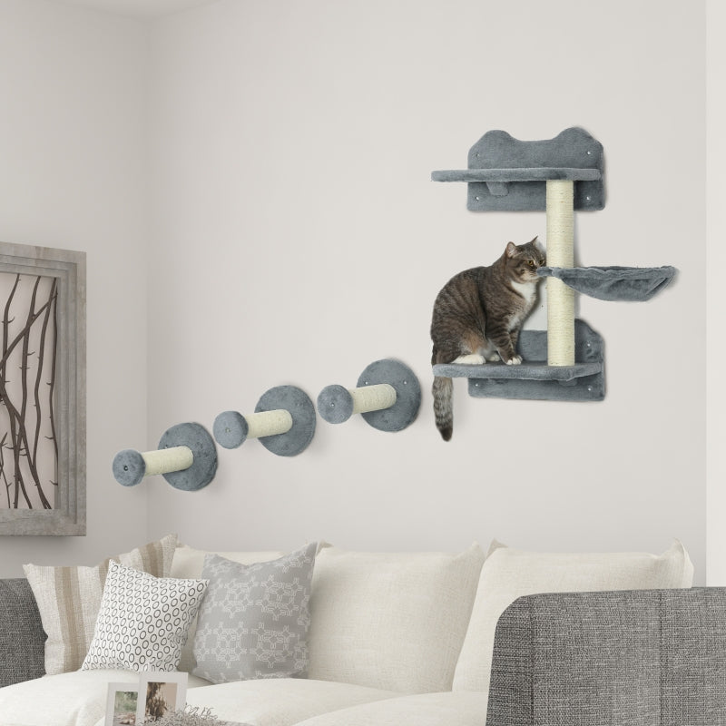 Grey Wall-Mounted Cat Tree with Scratching Post - 4 Piece Set