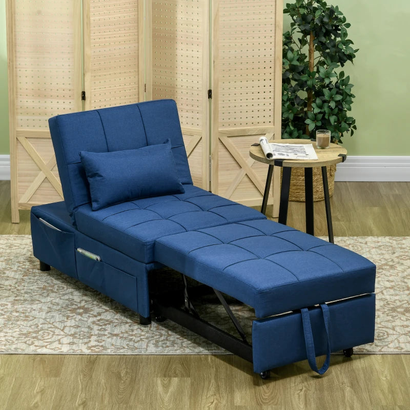 Blue Convertible Chair Bed with Adjustable Backrest and Side Pocket