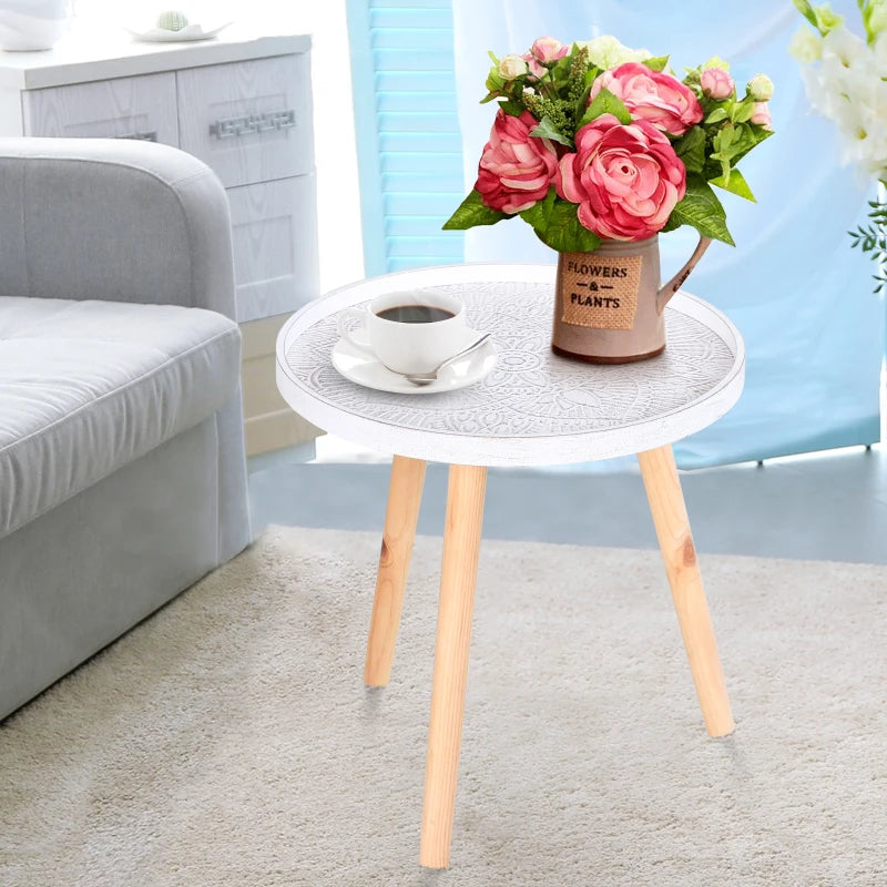 White Carved Floral Round Coffee Table with Tray Top and Wood Legs