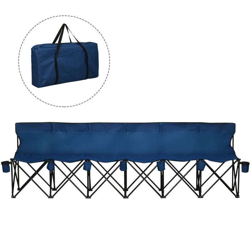 Blue 6-Seater Folding Outdoor Bench with Steel Frame and Cup Holder