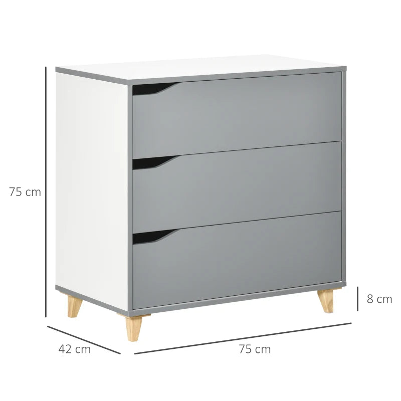 Grey 3-Drawer Storage Cabinet with Pine Wood Legs, 75x42x75cm