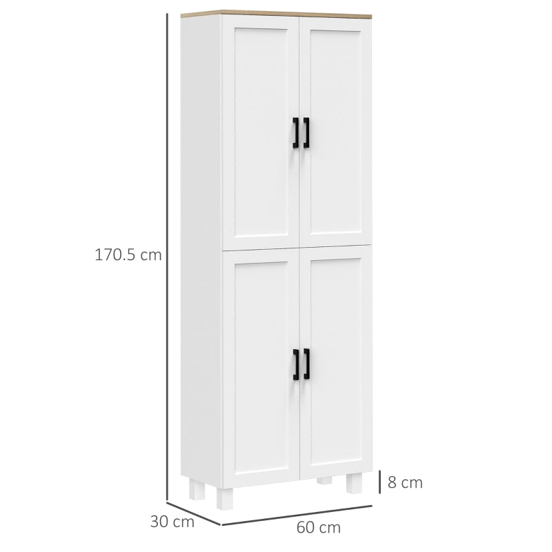 White Freestanding Kitchen Storage Cabinet, 4-Door Organizer, Adjustable Shelves - 170cm