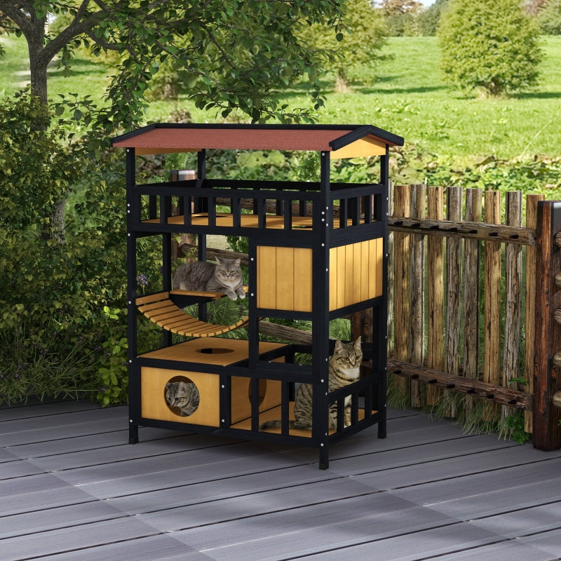 Wooden Cat House with Bridge & Balcony - 4-Tier Outdoor Design