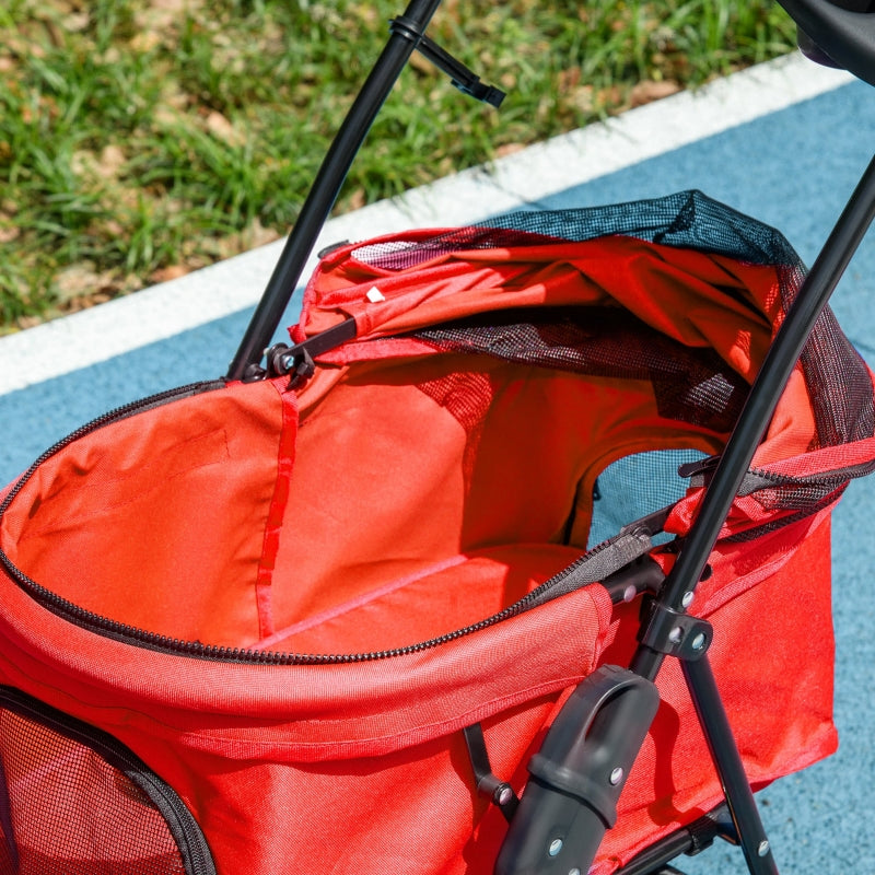 Red Pet Stroller with Canopy, 4 Wheels, Leashes, Storage Basket