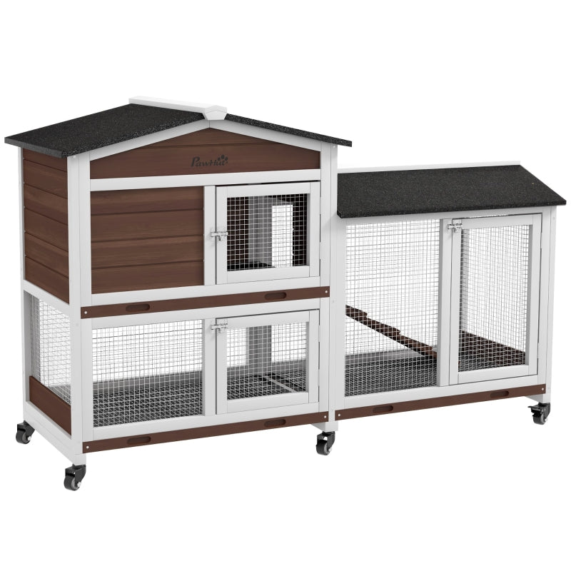 Brown Wooden Pet Hutch with Wheels - 2-Tier Run