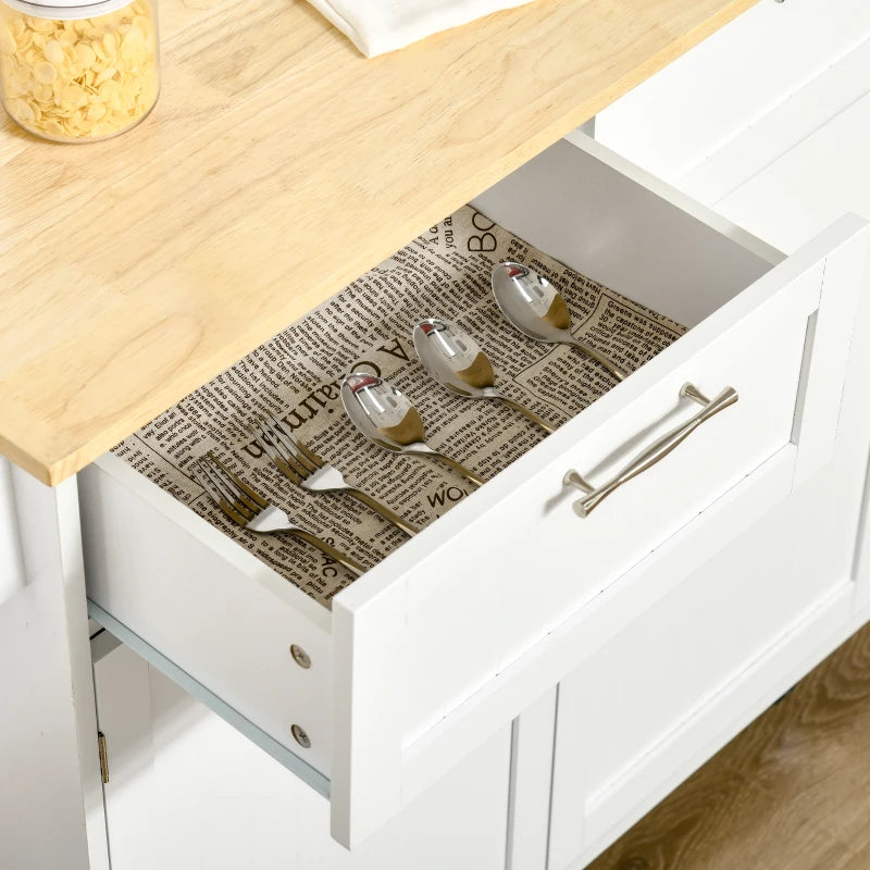 White Modern Kitchen Island Cart with Rubberwood Top and Drawers