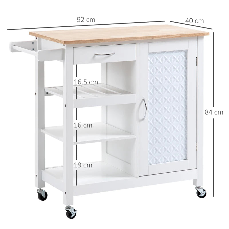White Kitchen Trolley with Embossed Door Panel and 3 Shelves