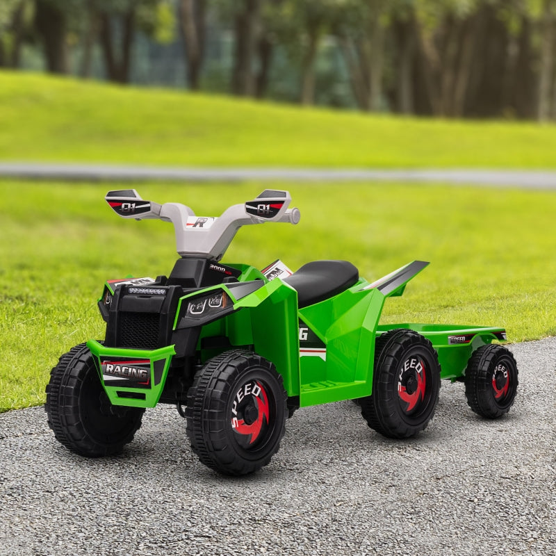 Green 6V Quad Bike with Back Trailer for Toddlers, Wear-Resistant Wheels