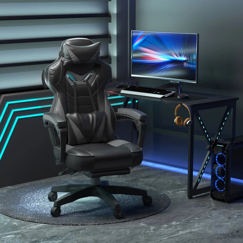 Grey Gaming Chair with Lumbar Support, Footrest, and Headrest