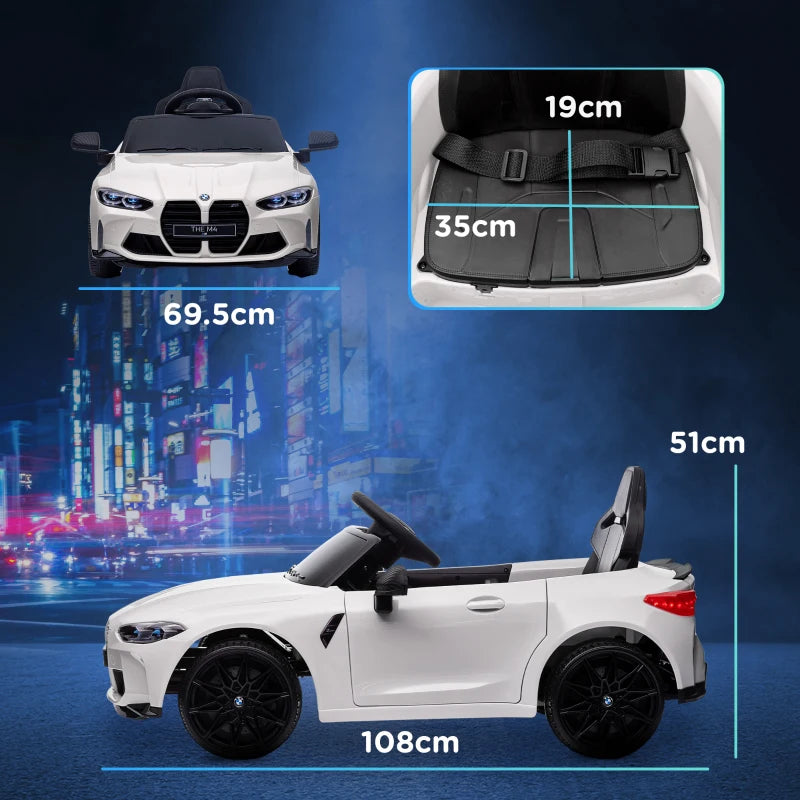 12V BMW M4 Licensed Kids Car - White with Remote Control & LED Lights