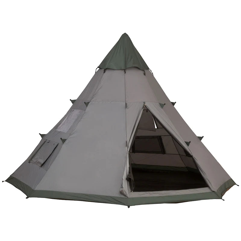 Gray 6-Person Teepee Camping Tent with Mesh Windows and Carry Bag