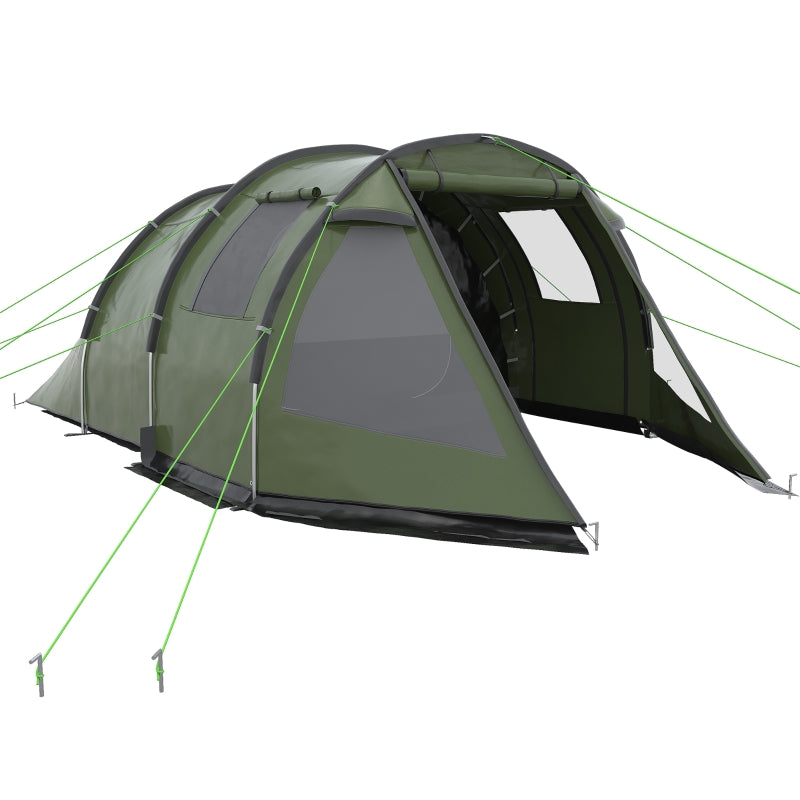 Green 3-4 Person Two-Room Tunnel Camping Tent with Windows and Carry Bag