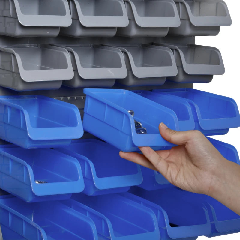 Blue Wall Mounted Tool Rack Organizer with 44 Storage Bins and Shelf