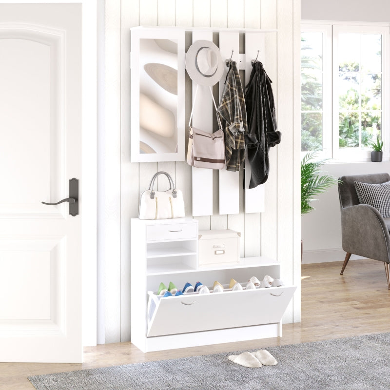 White Shoe Storage Chest with Mirror, Shelves, and Hooks