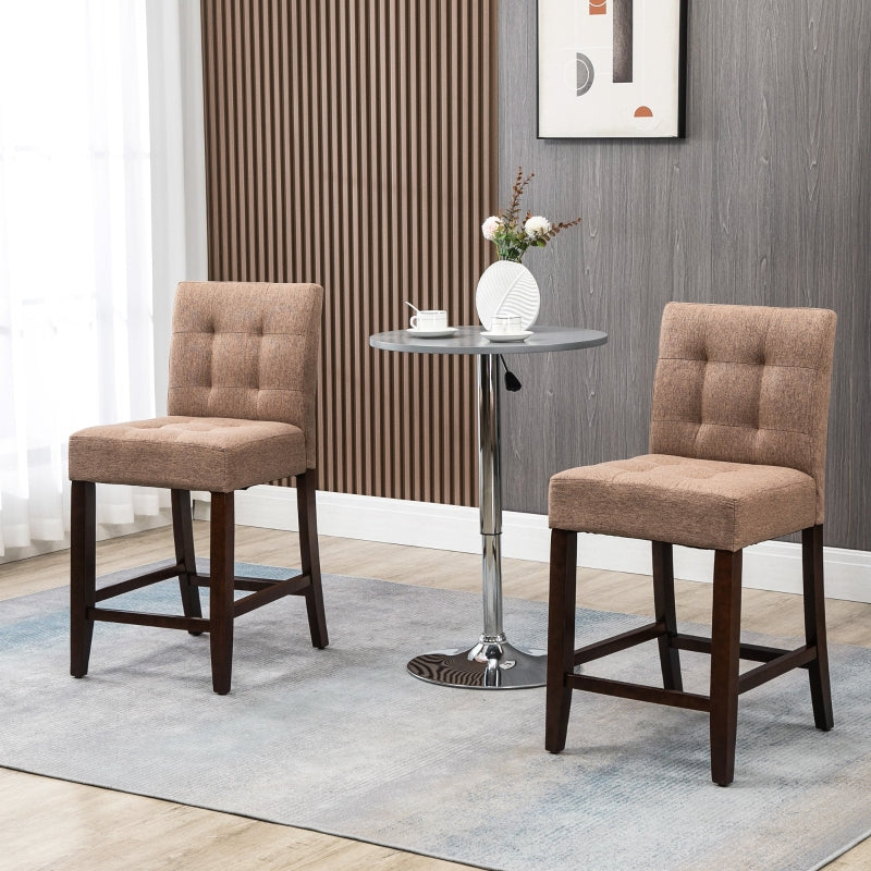 Brown Fabric Bar Stools Set of 2, Tufted Back, Wood Legs