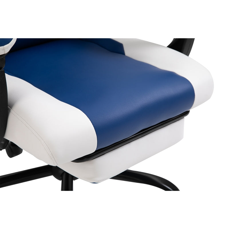 Blue White Gaming Chair with Headrest, Footrest, Wheels - Adjustable Height