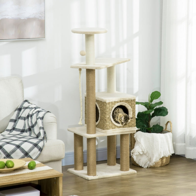 Beige Cat Tree with Scratching Post, House & Toy Ball