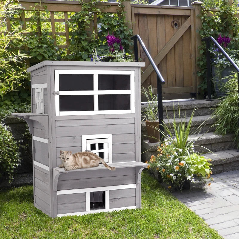 Grey Three-Tier Outdoor Cat House with Jumping Platforms