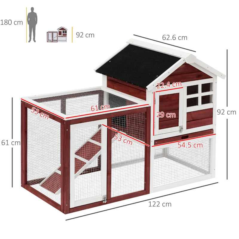 Brown 2-Tier Wooden Rabbit Hutch with Run and Sliding Tray, 122 x 62.6 x 92cm