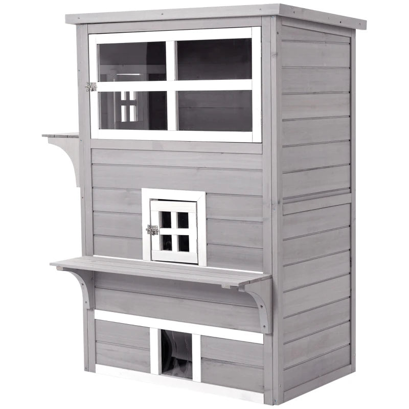 Grey Three-Tier Outdoor Cat House with Jumping Platforms