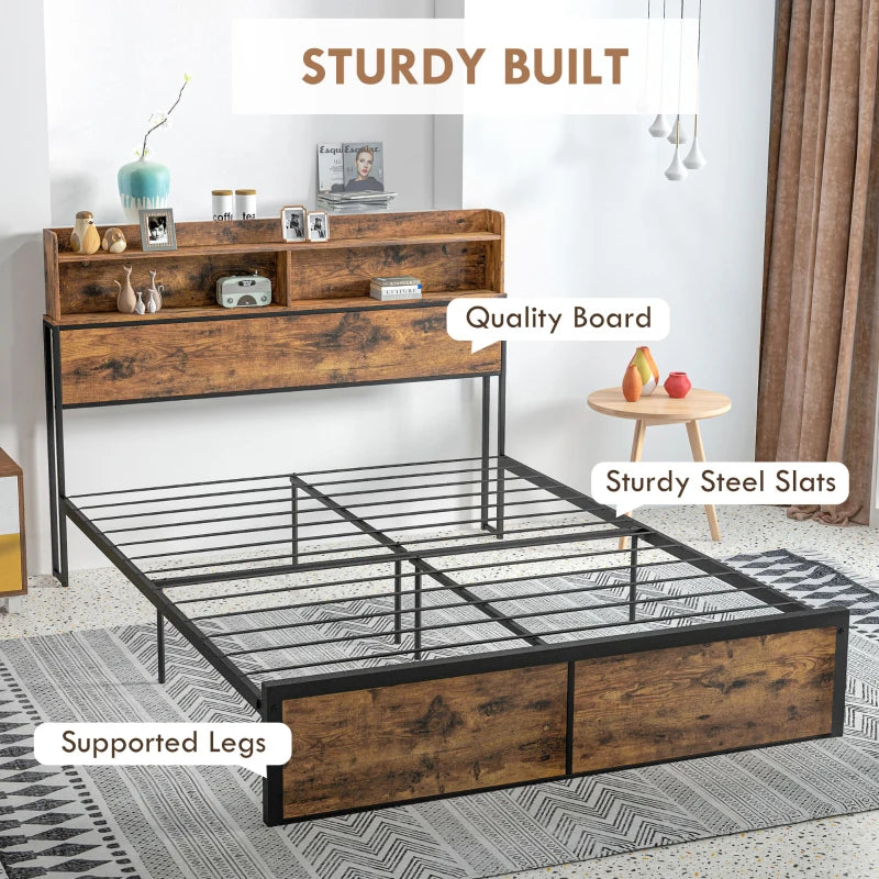 Rustic Brown Steel King Bed Frame with Storage, 5.2FT - Slatted Support, Headboard, Footboard, Under Bed Storage - 158 x 222cm