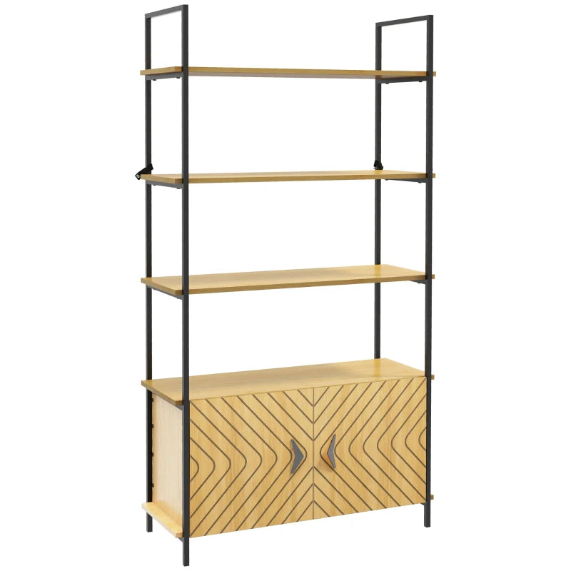 4-Tier Metal Display Shelf with Double Door Cabinet - Oak Tone