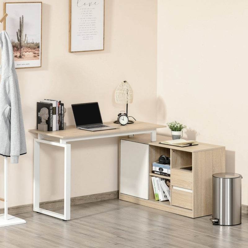 Oak Beige L-Shaped Computer Desk with Storage Shelf