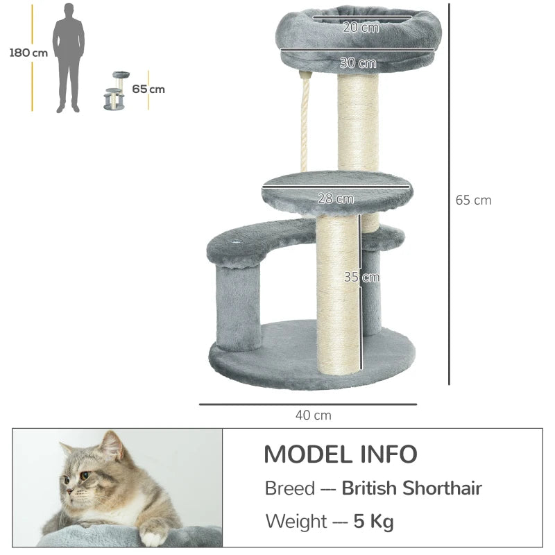 Grey 65cm Cat Tree with Sisal Scratching Posts and Perches