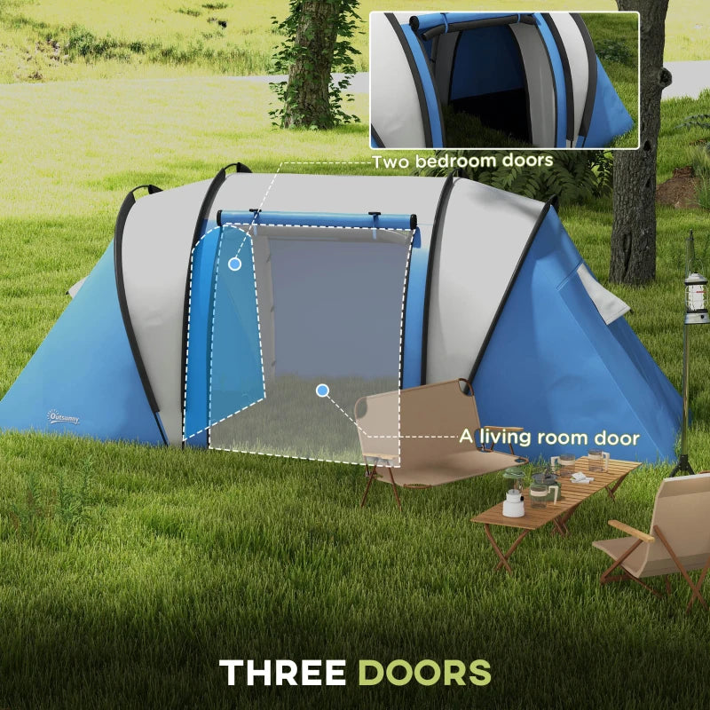 Blue 2-Bedroom Waterproof Camping Tent for Family Fishing and Hiking