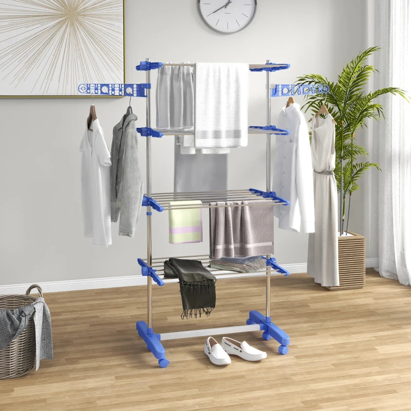 Blue 4-Shelf Folding Clothes Drying Rack with Side Arms and Wheels