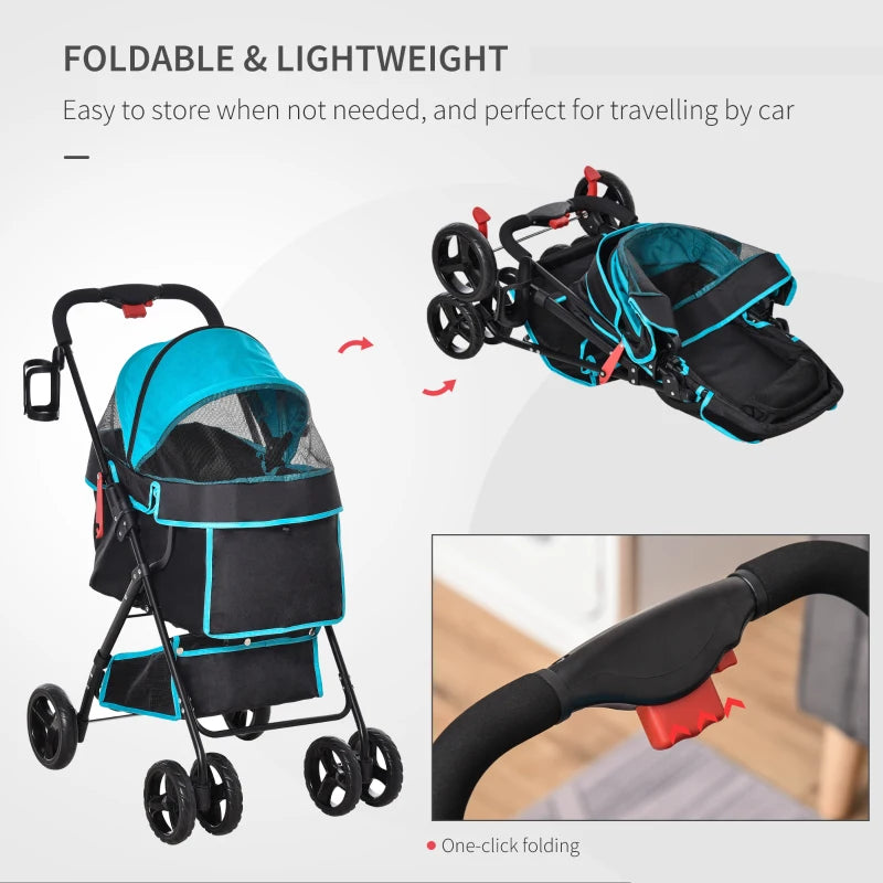 Foldable Pet Stroller with Adjustable Canopy - Blue