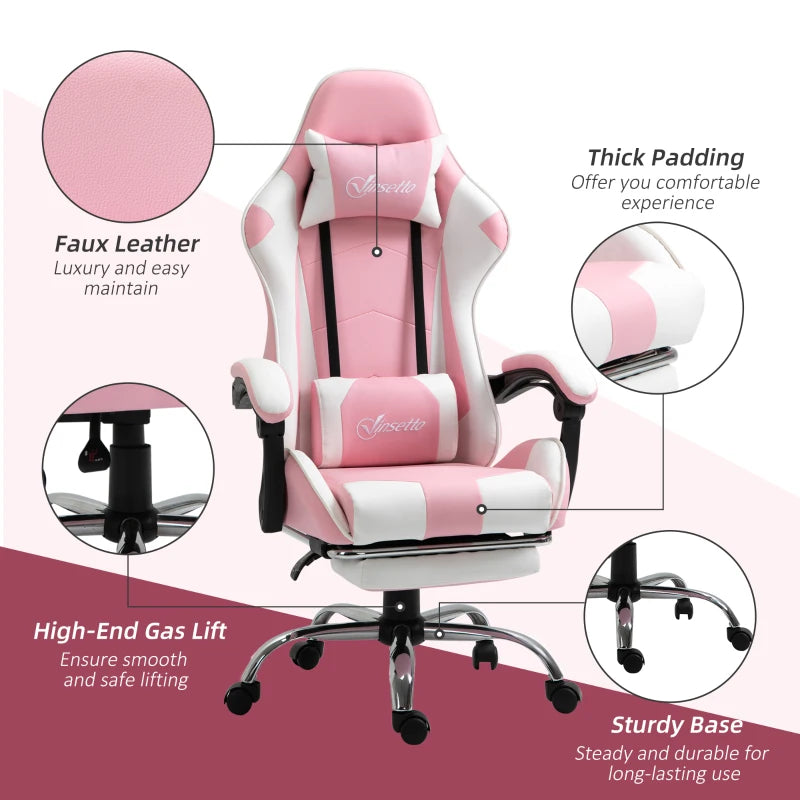 Pink Racing Gaming Chair with Lumbar Support & Head Pillow