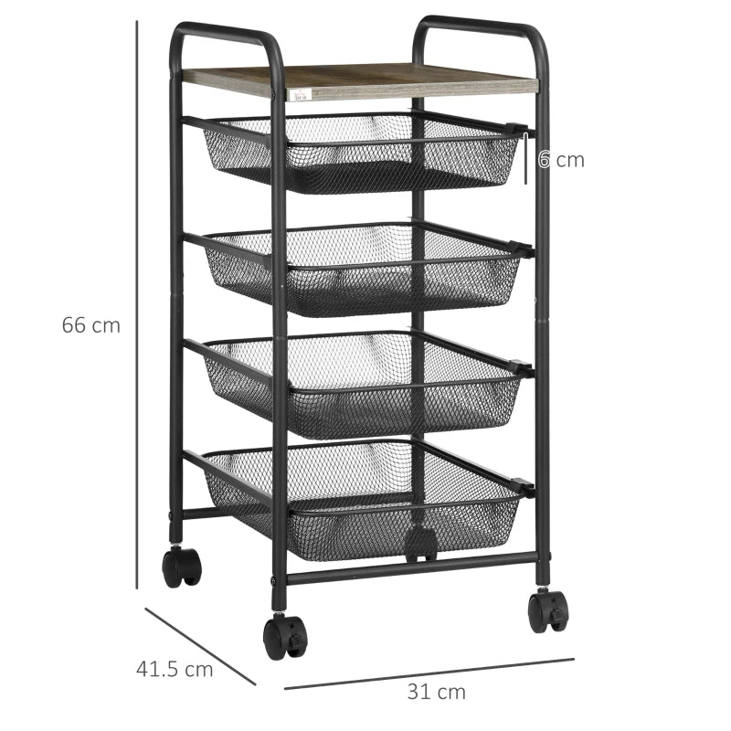 Black Rolling Utility Storage Trolley with 4 Mesh Trays