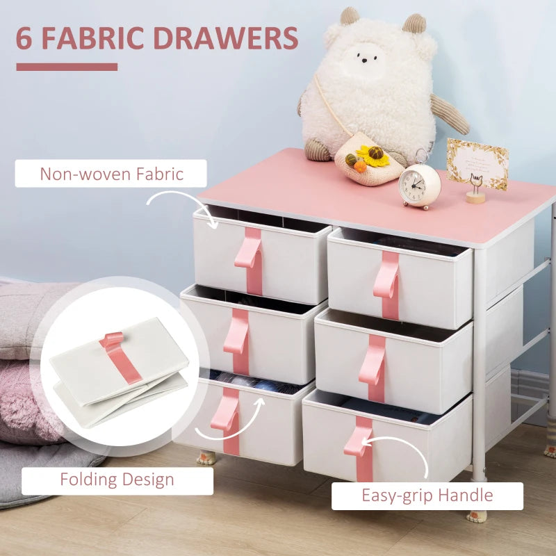 6-Drawer Pink Fabric Storage Cabinet with Metal Frame and Wooden Top
