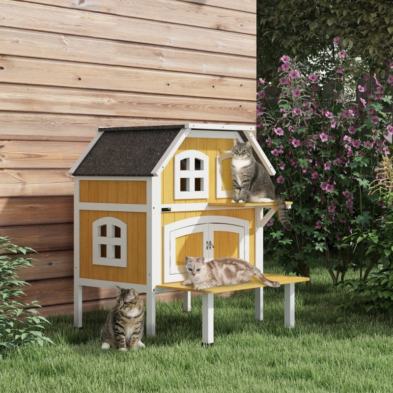 Wooden 2-Tier Outdoor Cat Shelter with Asphalt Roof - Grey