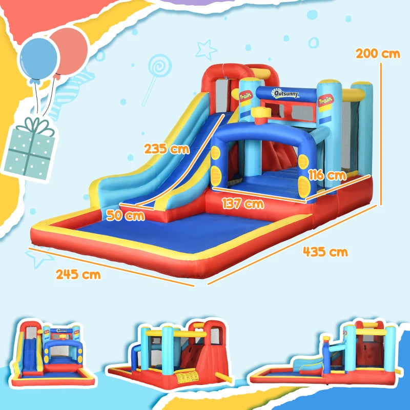 4-in-1 Multicoloured Bouncy Castle with Slide, Pool, Trampoline, Climbing Wall & Blower