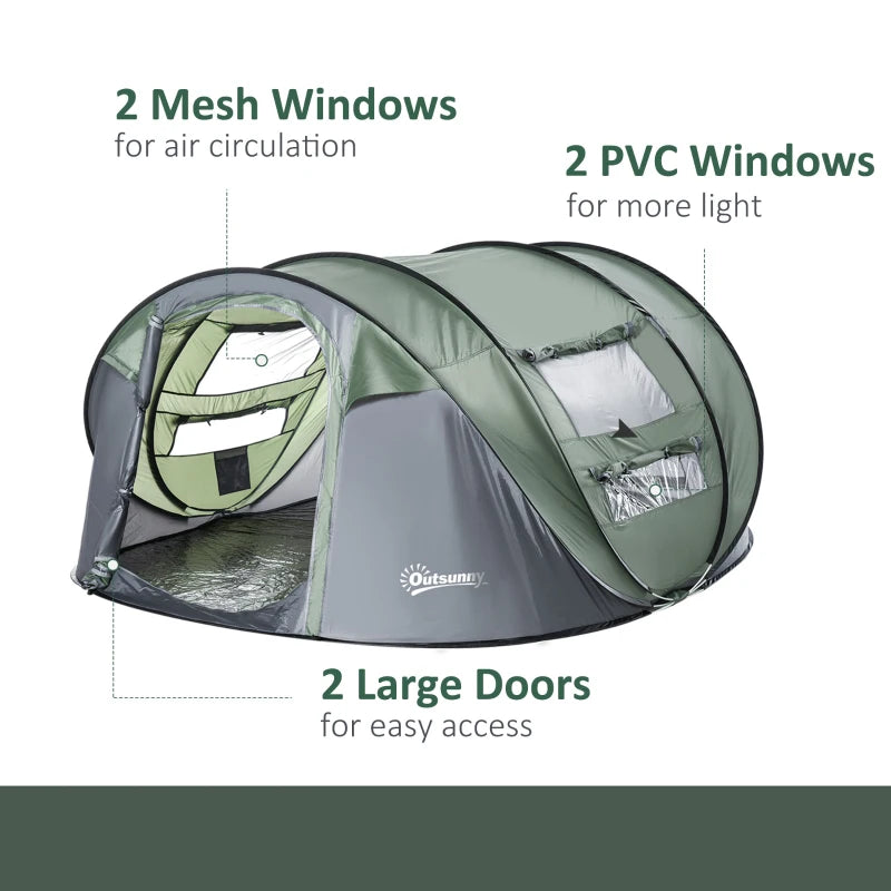 Dark Green 4-5 Person Pop-up Waterproof Camping Tent with Windows