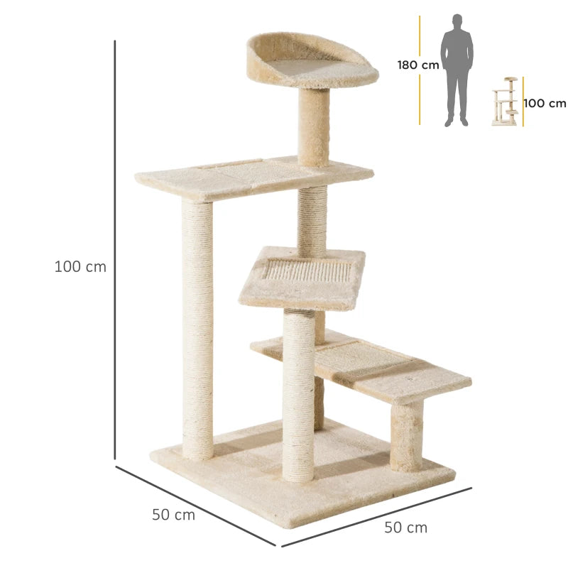 Beige 100cm Cat Tree Climbing Tower for Indoor Cats - Scratch Post & Activity Centre