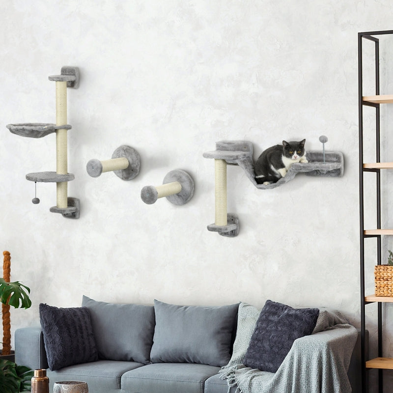 Grey Cat Wall Furniture Set with Hammock, Perches, Ladder, Scratching Post