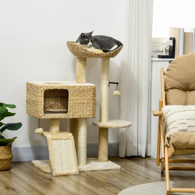 Beige Cat Tree Tower with Scratching Post and Toy Ball