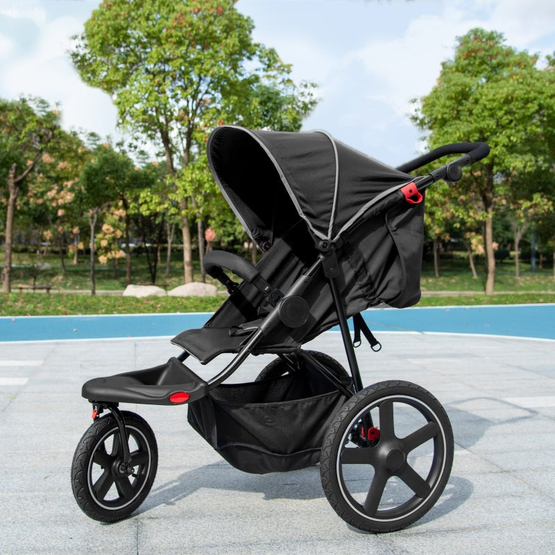 Black Foldable 3-Wheel Baby Stroller with Canopy & Storage Basket