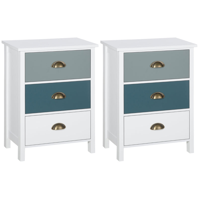 Grey and Blue 3-Drawer Shabby Chic Nightstand Set for Living Room and Bedroom