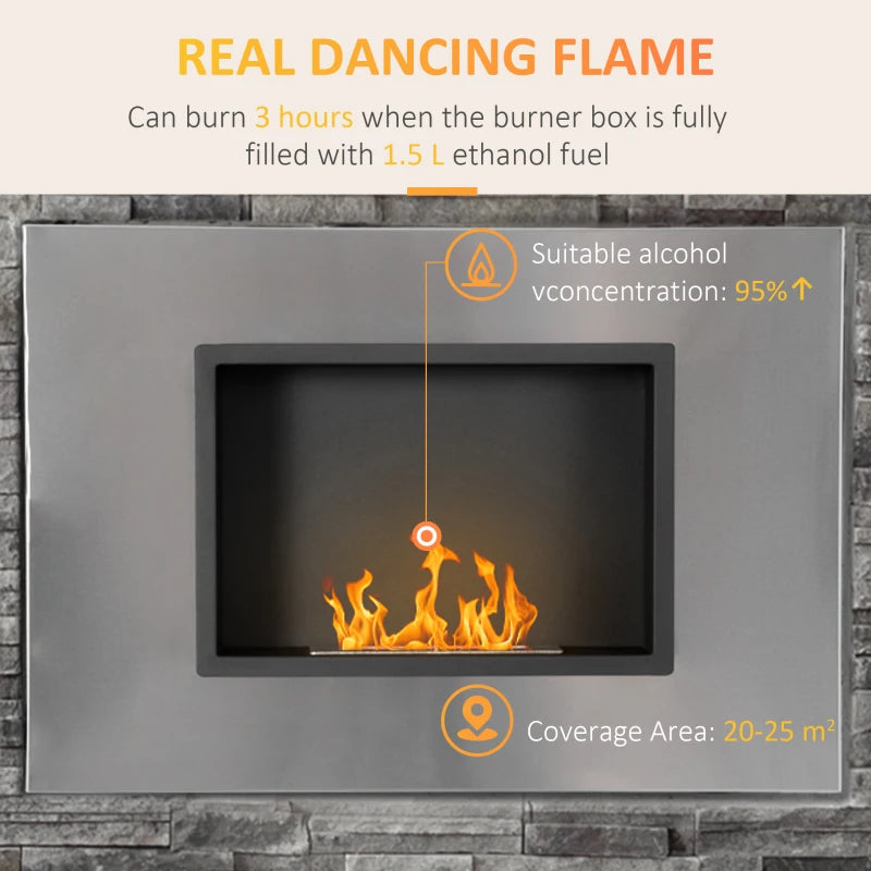 Silver Wall Mounted Bioethanol Fireplace - 1.5L Tank, 3 Hour Burn Time