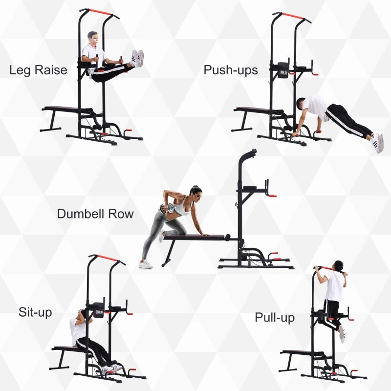 Black Multifunction Home Workout Power Tower with Sit-up Bench and Push-up Bars