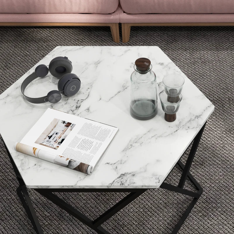 White Hexagonal Marble Coffee Table with Steel Frame